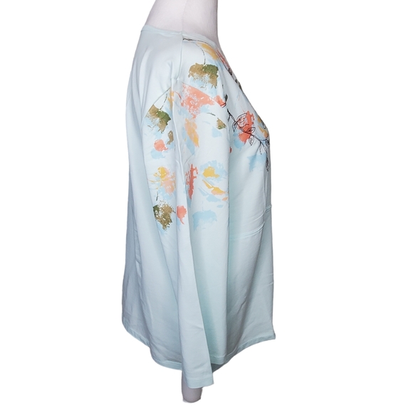 J Jill Trailing Vines Cross Over Top, Light Blue 3/4 Length Sleeves V-neck Sz L - Picture 4 of 7